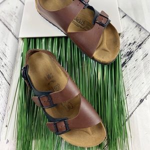 BIRKI'S Birkenstock Black & Brown Combo Two Tone Ankle Strap Sandals Size 9